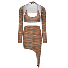

Y2K Knited Halter Vest Long Sleeve Top Irregular Skirt Three-Piece Set for Women