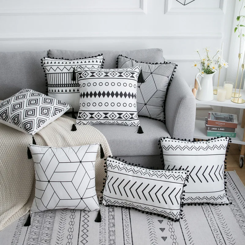 

Simple Decorative Cushion Cover White Black Rectangle Pillow Cover Soft 45x45cm 30x50cm Simple Geometric Pom Pom Ball Fringe