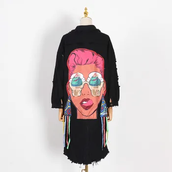 

Print Cartoon Women's Windbreaker Lapel Collar Long Sleeve Patchwork Tassel Hollow Out Denim Trench Coats 2020 Tide
