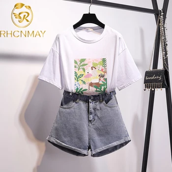 

2020 Summer Suit Set Women Short Sleeve printing Loose T-Shirt Top + cowboy Wide-legged Short Set Students style Two-piece Set