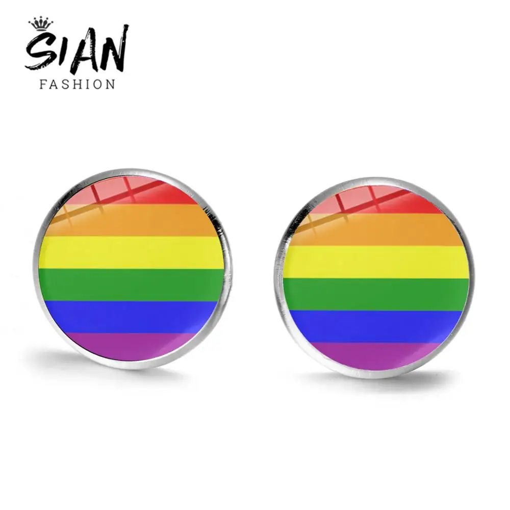 

SIAN LGBT Rainbow Flag Ear Studs Gay Pride Homosex Lesbian Pride Glass Round Stud Earrings Silver Bronze Fashion Unisex Jewelry