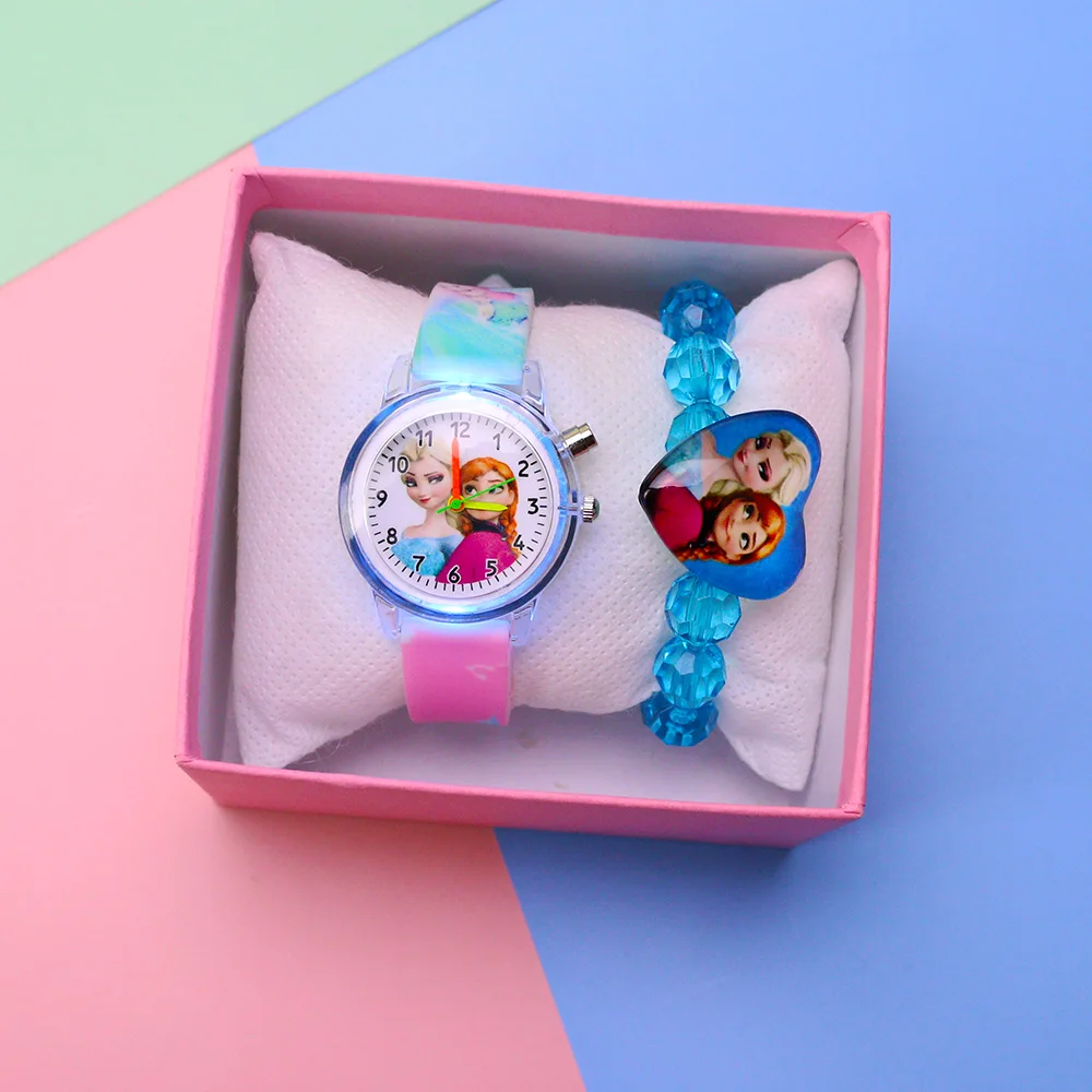 

Colorful Flash Light Princess Elsa Watch for Girls Rubber Strap Cute Cartoon Children Kids Watches with Bracelet reloj infantil