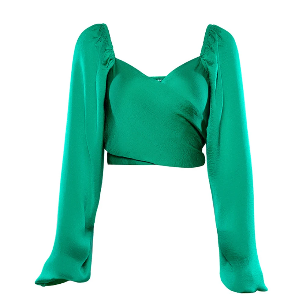 Сексуальные женские облегающие атласные укороченные топы, майка Femme Blusa Mujer Осенняя Дамская однотонная с пышными рукавами открытая спина тройники бюстье топы с бюстгальтером без косточек