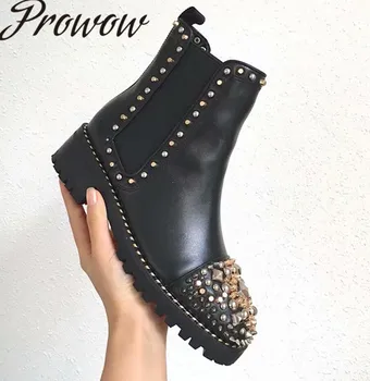 

Prowow New Black Genuine Leather Studded Slip On Ankle Boots Round Toe Thick Heel Low Heel Boots Shoes Women