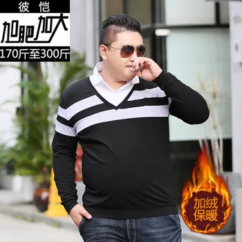 

Plus Fat Plus Size Men Fat Man Wide Plus Velvet Thicken Lapel Business Leisure Long Sleeve T Shirt Keep Warm Top