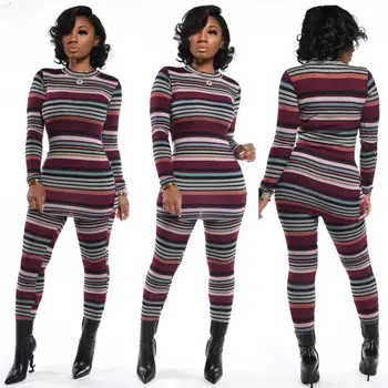 

Autumn Winter Women Tracksuit Knitted Striped Print Long Sleeve Suits Two Piece Set Top And Pants Night Sexy Sporty Club Outfits
