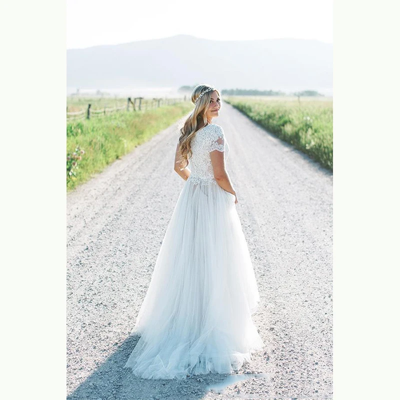 Vestido de novia скромная линия пляж Бохо Свадебные платья Кружева аппликация короткий рукав размера плюс свадебные платья невесты платье