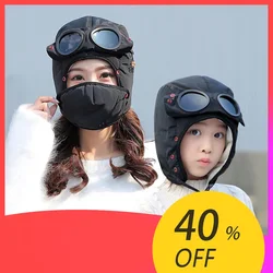 2021 Fashion Winter Bomber Hat with Masks Goggles Waterproof Hood Pilot Hats Glasses Ear Protection Cap Kids Adult Balaclava