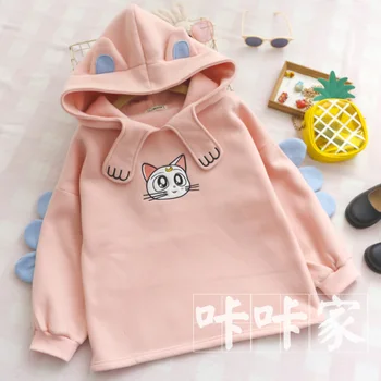 

Autumn winter Japanese Soft sister Kawaii Hoodie Sweatshirt Cute Moon Cat Embroidery Claw Hooded Loose Plus velvet pullover Tops