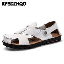 Обувь; шлепанцы; белый ремешок; цвет синий; Модные дышащие мужские сандалии-гладиаторы из натуральной кожи с закрытым носком; Летние римские сандалии