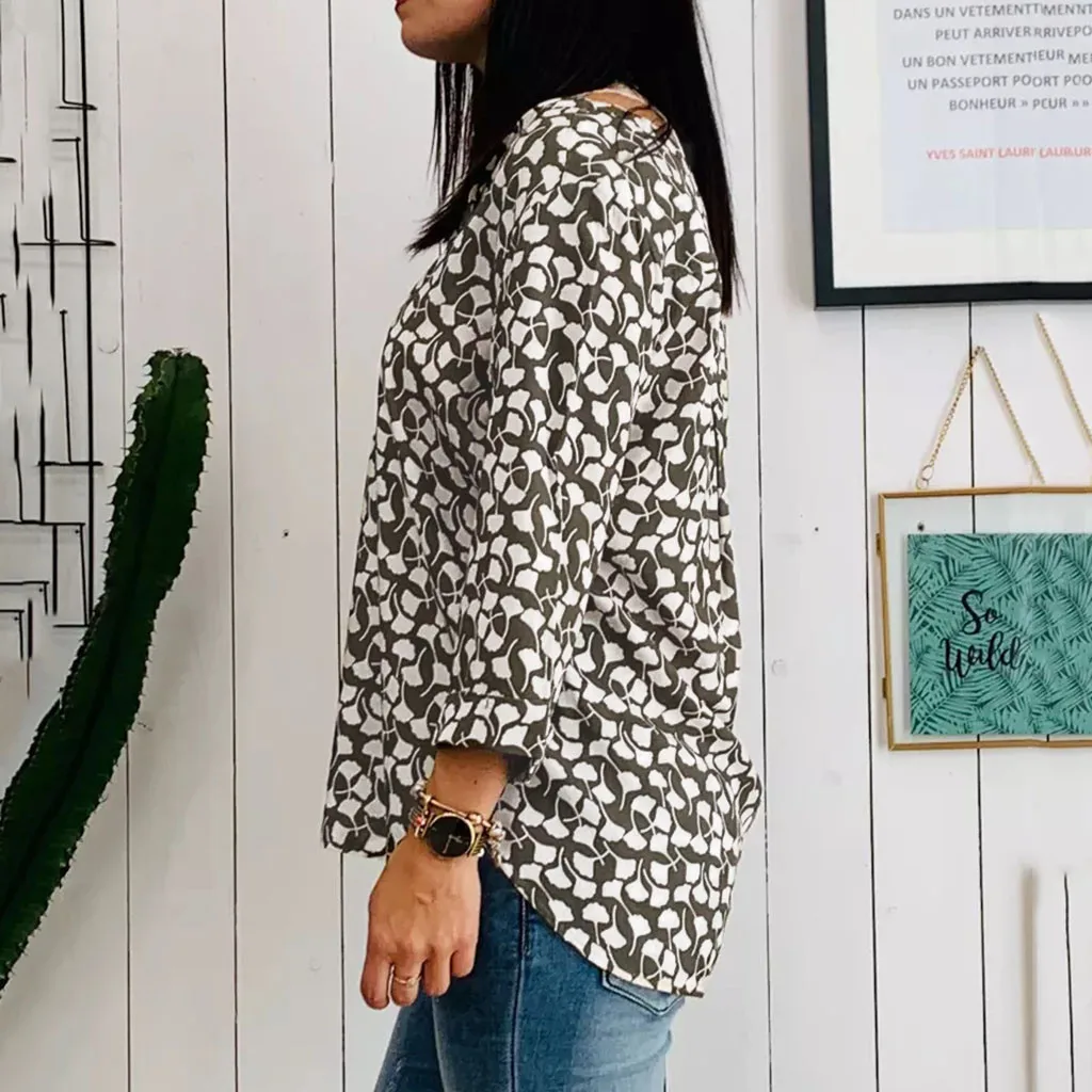 TELOTUNY Plus Size Long Sleeve Floral Printed Loose Women's Blouse V-Neck Spring Autumn Causal Fashion Tops T-Shirt 19L0723