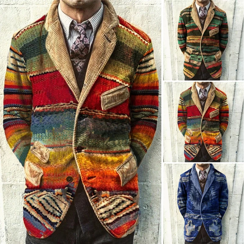 Мужское пальто с цветным принтом, пальто с лацканами, вельветовый Однобортный блейзер с длинным рукавом, мужские куртки
