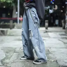 2021 women's jeans loose jeans graffiti jeans Hip Hop Pants skateboard pants street clothes Y2K pants oversized torn jeans