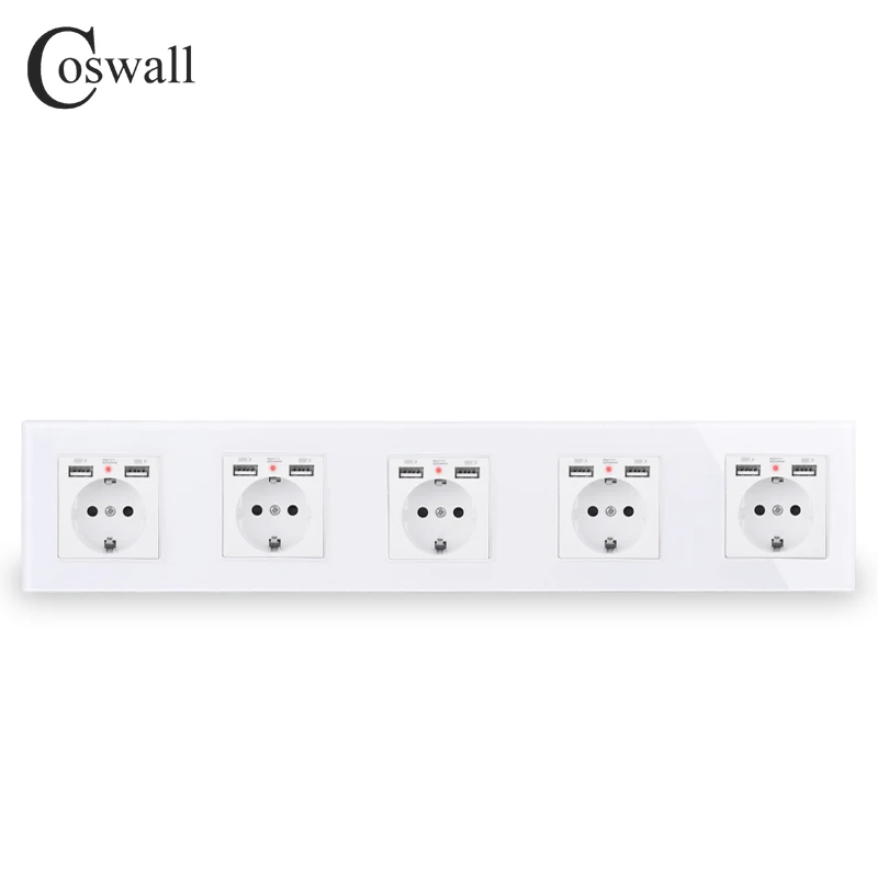 COSWALL 2/3/4/5 Gang Россия Испания настенная розетка стандарта ЕС)+ Dual USB зарядка Порты и разъёмы Скрытая мягкий светодиодный индикатор Стекло Панель