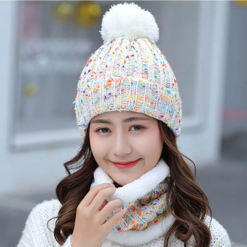 Women's Winter hat and Scarf Set Wool Skullies Beains Cotton Thick Winter Warm Hat Ring Scarf Female Hats Men - Color: white