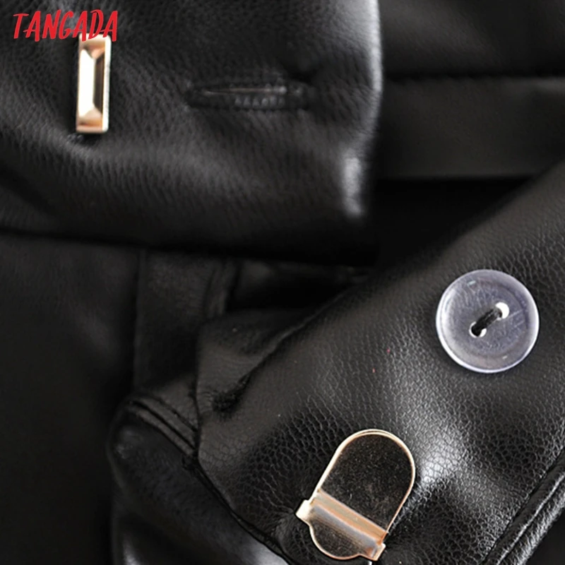 Tangada fashion women faux leather black pants trousers pockets buttons lady knee length pants pantalon 6A319