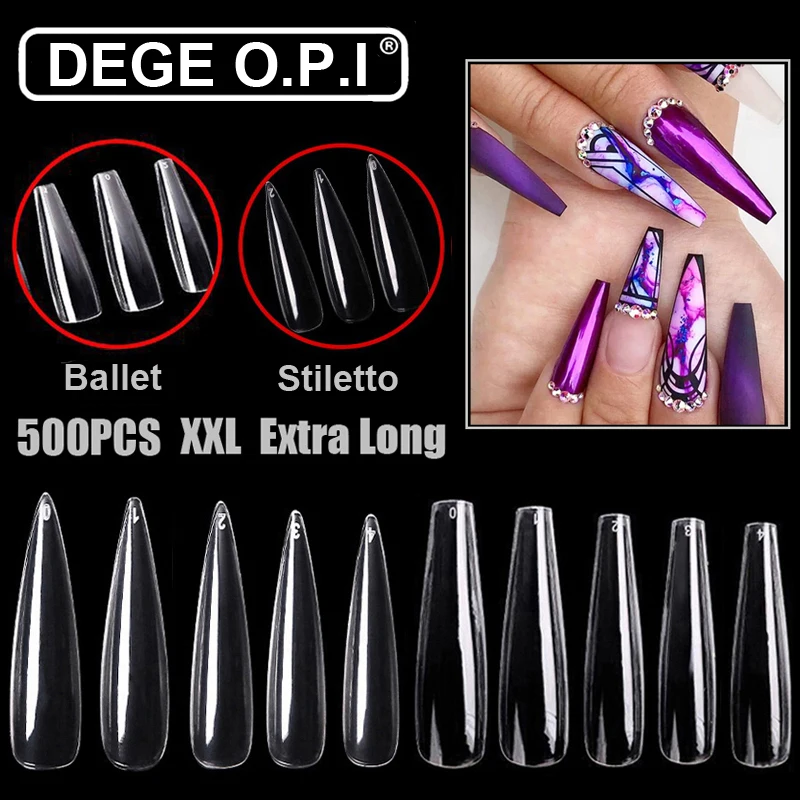 500/600PCS XXL Stiletto/Ballerina/Coffin False Nails Long Clear Fake Nail Tips Full Cover Acrylic For Manicure 10 Size | Красота и