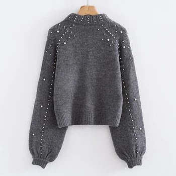 

Women Turtleneck Sweaters Pearl Beading Sweater Autumn Winter Warm Lantern Sleeve Women Jumper Pull Knitted Pullovers