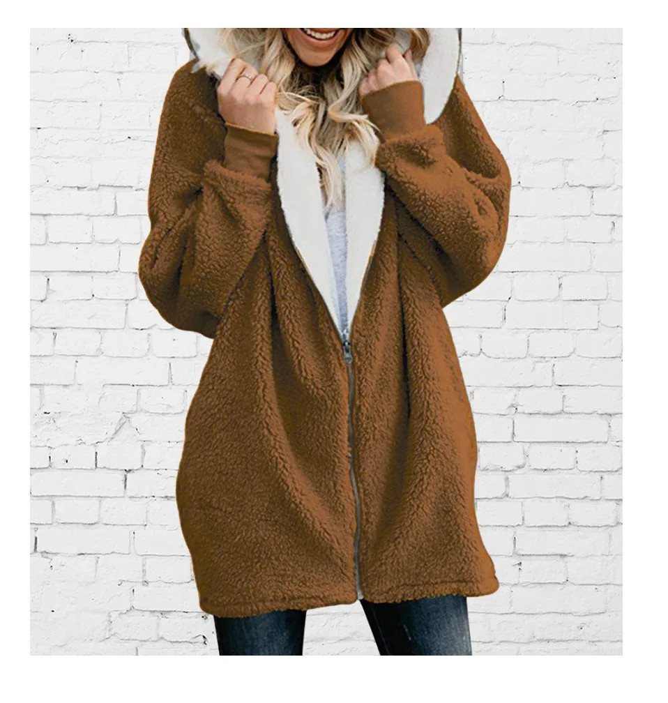 Women Coat Winter Causal Soft Hooded Pocket Zipper Fleece Plush Female Coat Warm Plus Size Faux Fur Fluffy Women Jacket