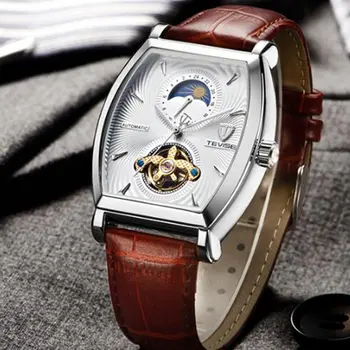 

TEVISE Business Watch Men's Double Display Leather Belt Date Display Luminous Pointer Portable Men's Mechanical Watches