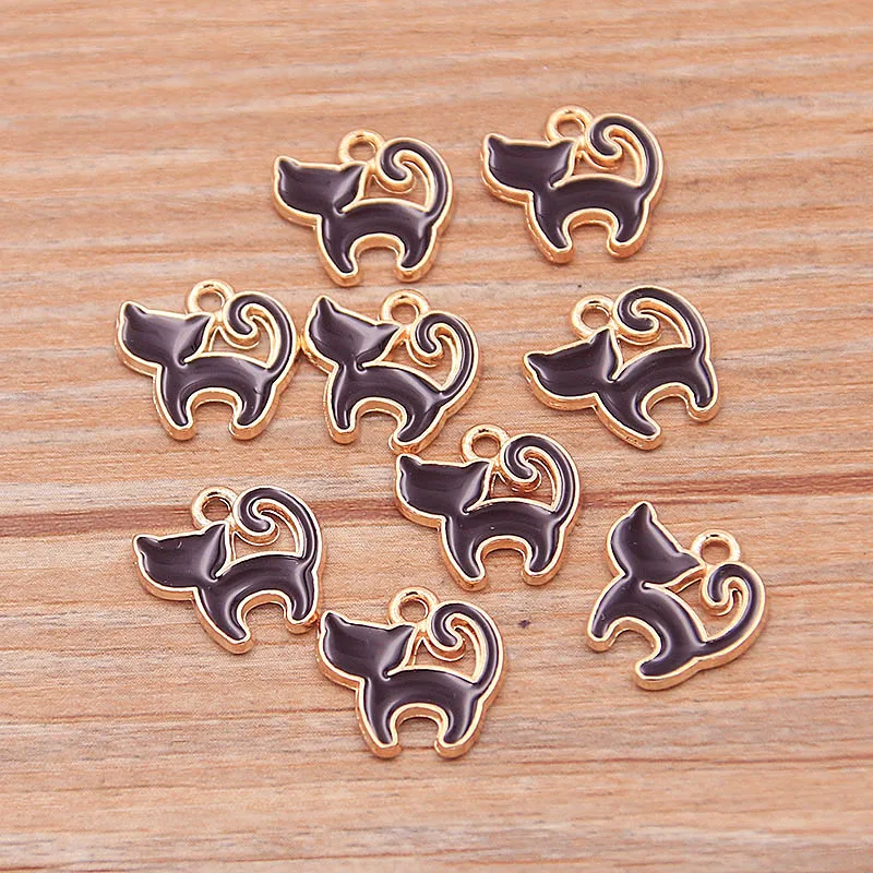 30Pcs 2 Style Alloy Metal KC Gold Drop Oil  White Black Small Cat Charms Animal Pendant For DIY Bracelet Necklace Jewelry Making