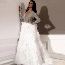 

Women's Long Tulle Prom Party Gown Sheer O Neck Full Sleeves Cocktail Dress Luxury Sequined Tiered Ruffle Female Garment