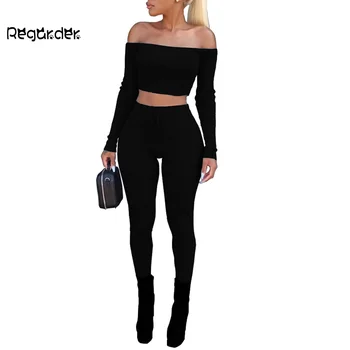 

Women Fashion Split 2 Piece Tracksuit Set Slash Neck Solid Colors Long Sleeve Bodycon Tops Pants Sexy Sportswear Outfit Set#g3