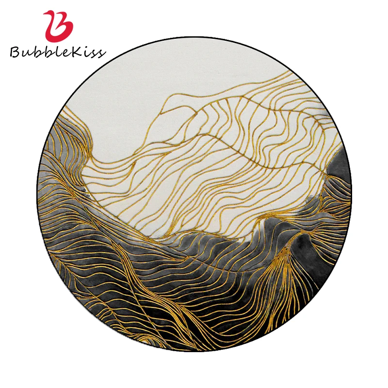 Bubble Kiss Round Carpet Abstract Golden Lines Pattern Living Room Carpet Light Luxury Bedroom Decor Carpet Pieghevole Hotel Carpet