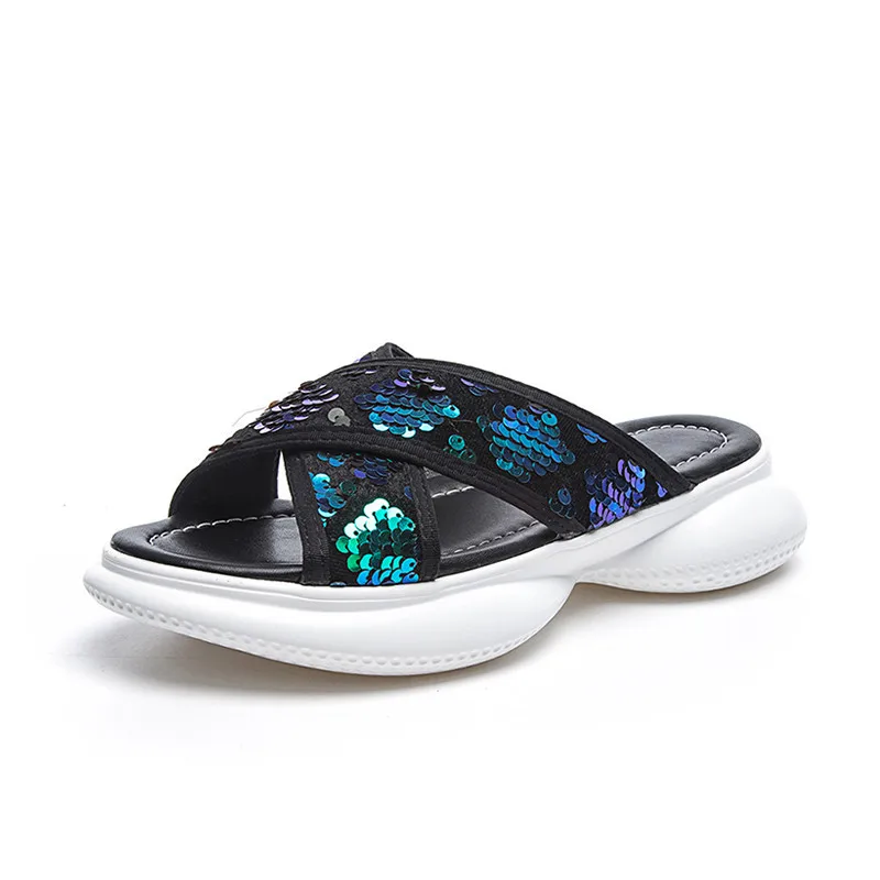 

2019 Summer Women's Casual Sequins Non-slip Slippers Beach Cuff Flat Sandals Beach Open Toe Shoes Ladies Shoes Slides 538