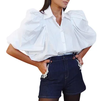 

Shirt Fashion Sexy Summer Pure Color Retro Ladies Shirt Bat Sleeve Sexy Lapel Slim Shirt top