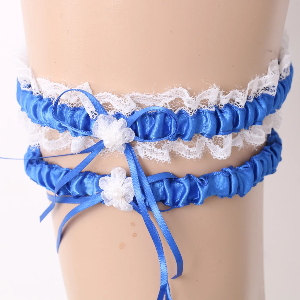 2Pcs Rustic Bridal Wedding Garter Floral Stretch Bridal Lace Satin Bowknot Thigh Ring Soft Socks Hen Party Lace Pearls Garter