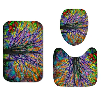 

3Pcs/Set Print Non Slip Toilet Bathroom Pad Colorful Tree Rug Carpet Absorbent Pedestal Rug Lid Toilet Cover Bath Mat