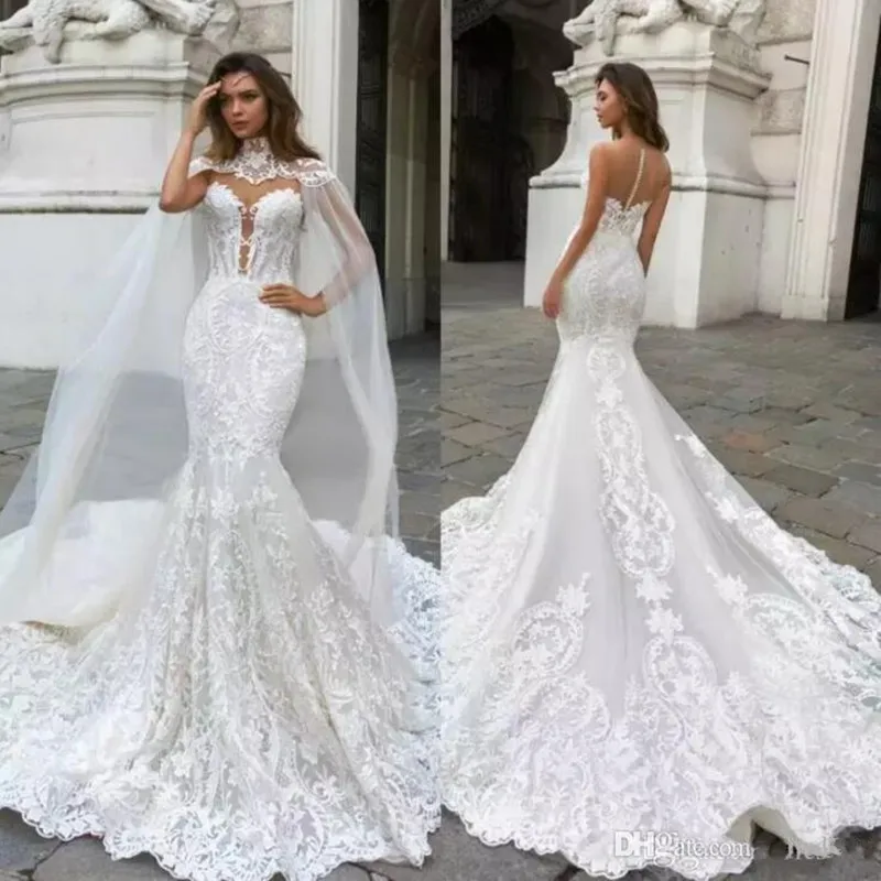 

Gorgeous Mermaid Wedding Dresses With Cape Sheer Plunging Neck Bohemian Robes De Mariée Custom Made Lace Appliqued Bridal Gowns