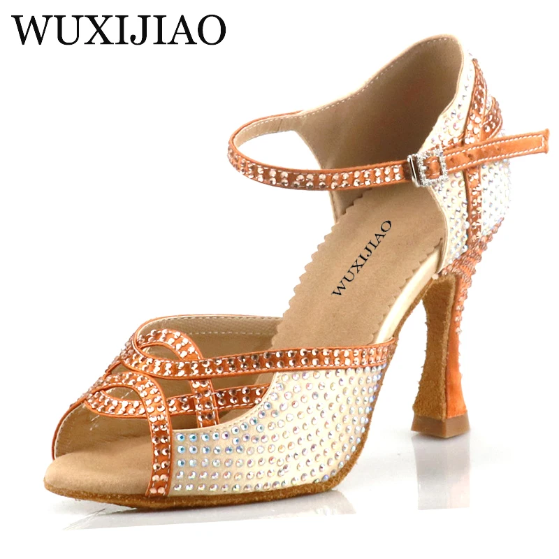 

WUXIJIAO Shining Latin Dance Shoes Women Salas Ballroom Dance Shoes Pearl High Heel 9cm Waltz Software Shoes Selling Hot