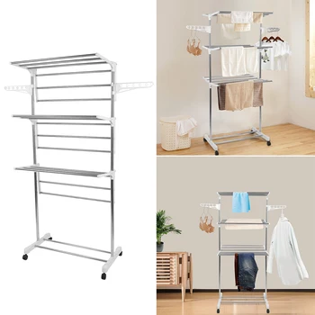 

Detachable Three layers High Quality Portable Home Folding clothes drying Rack with Casters Clothes Storage Standing Shelf HWC
