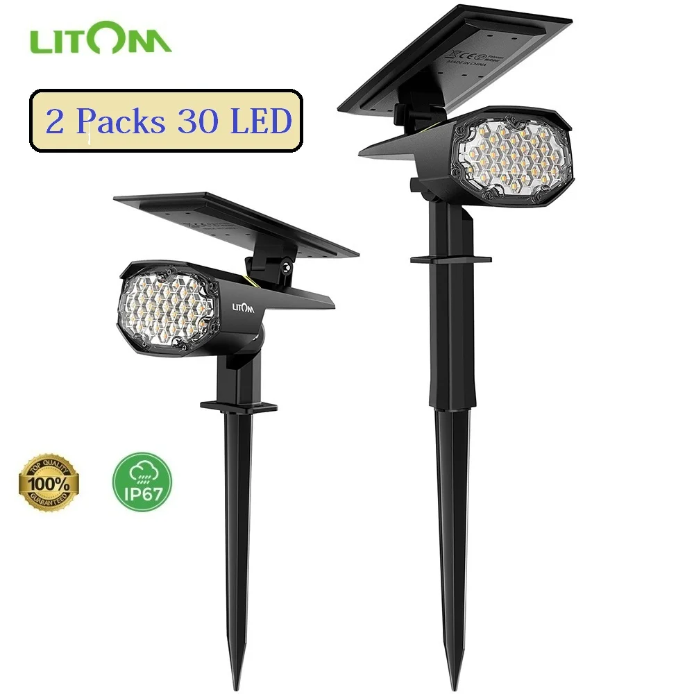 2 Pack LITOM 30 LED Outdoor Solar Lights Upgraded IP67 Waterproof Cold & Warm Color Adjustable Garden Solar Landscape Spotlights