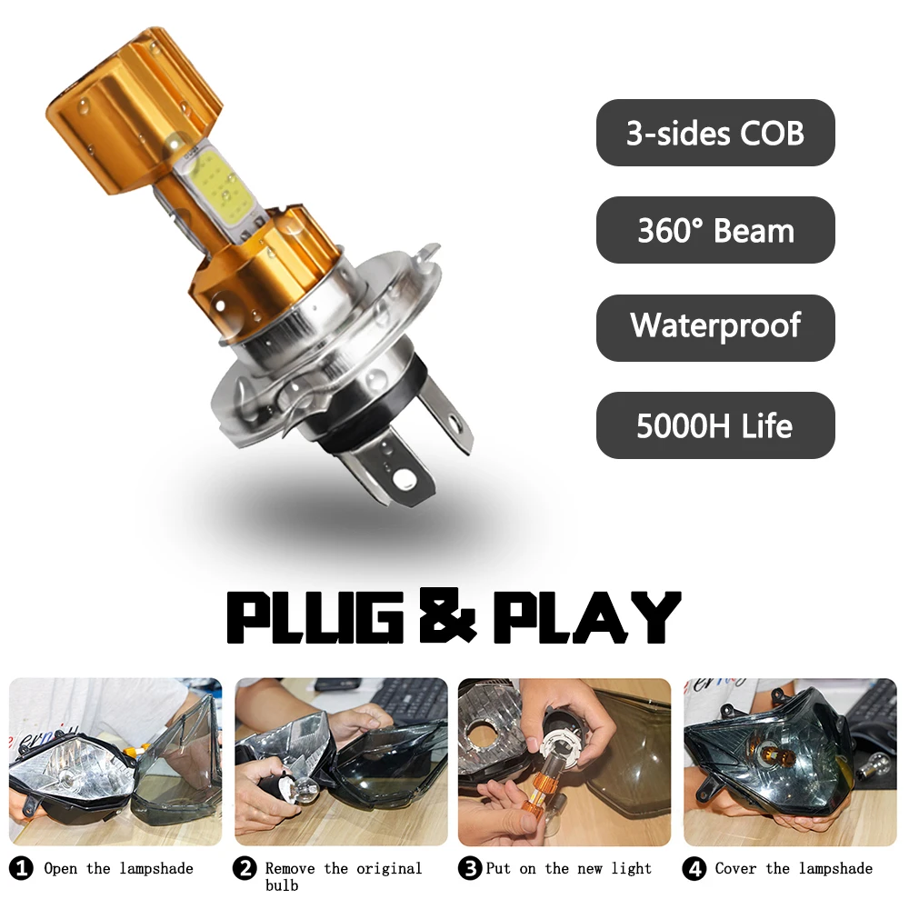 H4 светодиодные мотоциклетные фары лампы 6500K 12V мотоцикл противотуманная фара COB мопед скутер наружного освещения H4 Hi-Lo лампы BA20D P15D