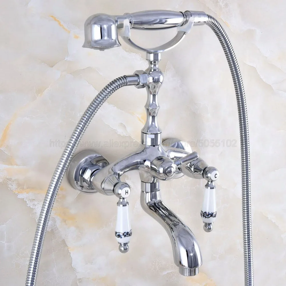 

Wall Mounted Polished Chrome Clawfoot Bathtub Faucet telephone style Bath Shower Water Mixer tap with Handshower ztf845