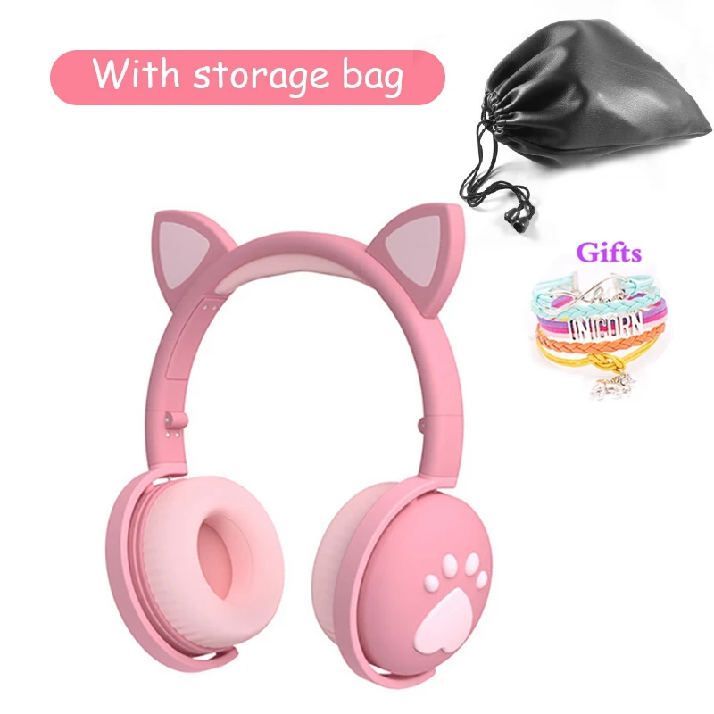 7 1 Flashing Light Cute Cat Bluetooth Wireless Headphone With Mic Foldable Music Girl Kid Earphone with bracelet Storage bag