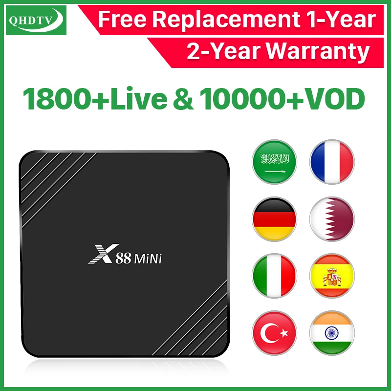 

QHDTV IPTV France Box IPTV Italy Netherlands X88 Mini Android 9.0 2G 16G IPTV Subscription France UK Belgium Turkey Arabic IP TV