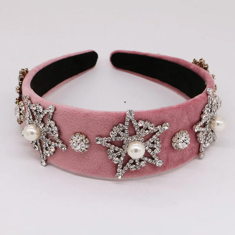 pink Модная ручная работа, имитация жемчуга, кристальная звезда, ободки для волос для женщин, цветные шарики, свадебные украшения для волос, аксессуары, ленты для волос - Окраска металла: pink