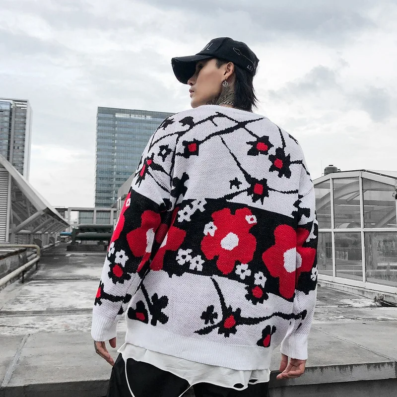 Harajuku трикотажные свитера для мужчин хип хоп цветочный принт пуловер, Рождественский свитер уличная Мужская мода зима Топы WG474