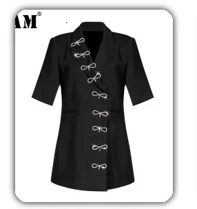 [EAM] Wide Leg Pants Striped Two Piece Suit New Round Neck Short Sleeve Black Loose Fit Women Fashion Spring Autumn 2020 JW5910