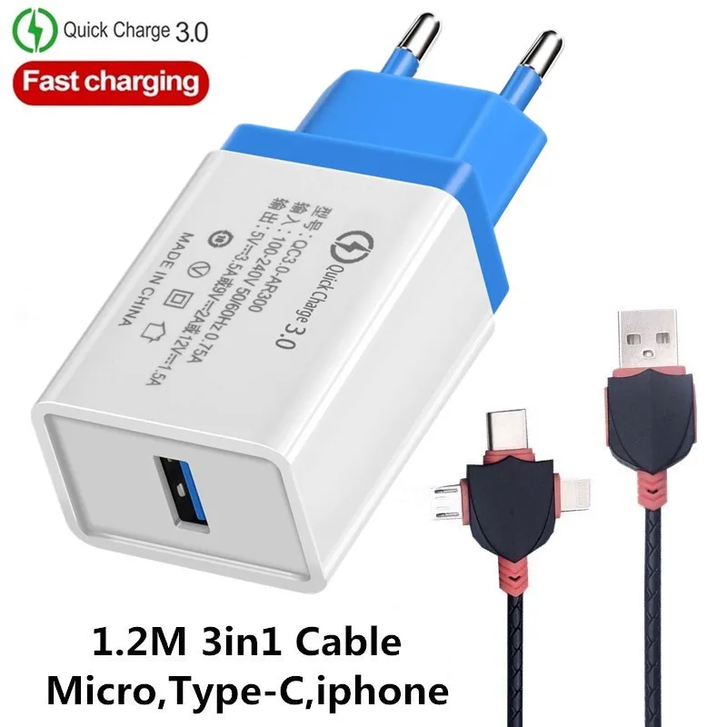 EU Blue 3in1 Cable EU/US быстрое зарядное устройство QC 3,0 для мобильных телефонов через USB кабель для зарядного устройства для быстрой Зарядное устройство стены Зарядное устройство для samsung Xiaomi huawei iphone X, 6, 7, 8, 11 Зарядное устройство - Тип штекера: EU Blue 3in1 Cable