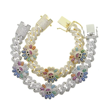 

2020 Iced out women hip hop rainbow jewelry geometic Cz cuban link chain smile face flower charm wide cuban choker necklace