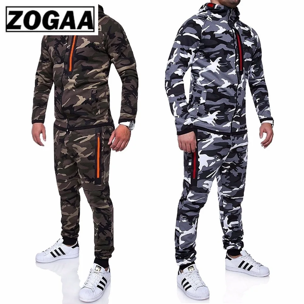 ZOGAA Для мужчин комплекты Спортивный костюм для детей верхняя одежда; камуфляжная куртка с камуфляжным принтом спортивный костюм сочетающаяся спортивная одежда куртка с капюшоном и штаны, спортивный костюм, спортивный костюм в стиле милитари