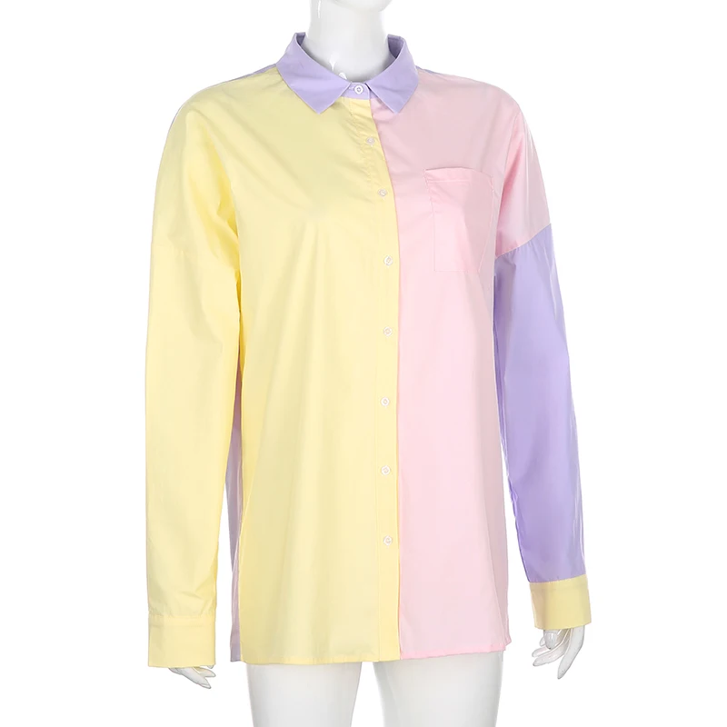 IAMSURE Macaron Colorblock Women Casual Loose Shirts Long Sleeve Oversize Ladies Blouses Streetwear Autumn Fashion Clothes
