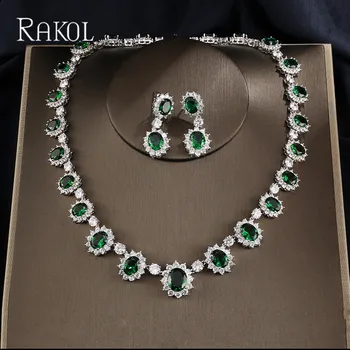 

RAKOL Oval Round Cubic Zirconia Flowers Necklace Earrings For Women Elegant Blue Crystal Female Dinner Dress Jewelry Set