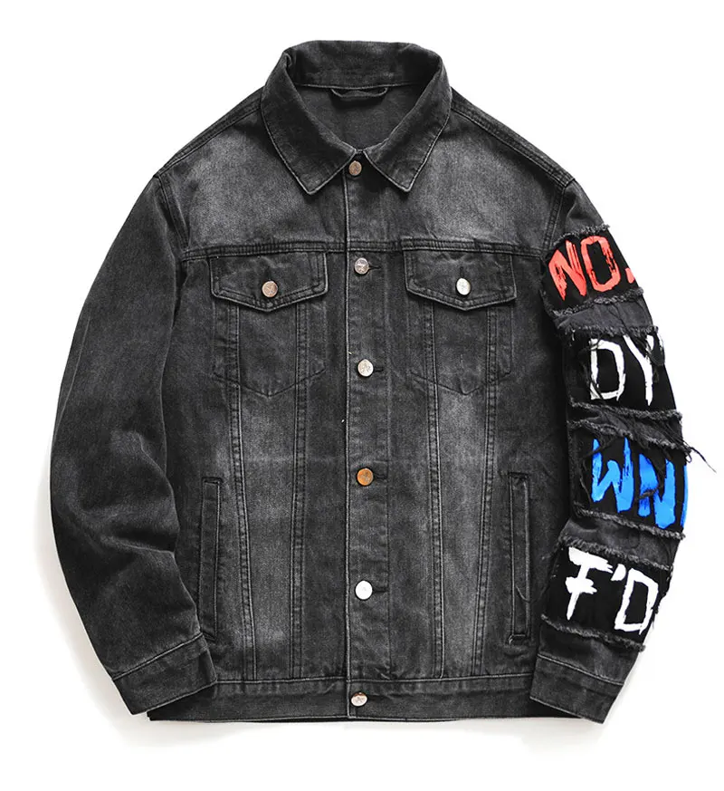 Men Denim Jacket Retro Black Slim Fit Printed Designer Patchwork Hip Hop Jackets Men Punk Style Biker Jacket Fashion Streetwear fashion designer men jeans retro stretch slim fit painted ripped jeans men korean style vintage casual denim pants streetwear