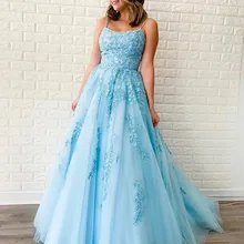 Небесно-голубое платье для выпускного вечера,, спагетти, шнуровка на спине, Аппликации, ТРАПЕЦИЕВИДНОЕ ПЛАТЬЕ С Коротким шлейфом, вечерние платья, Vestido de festa